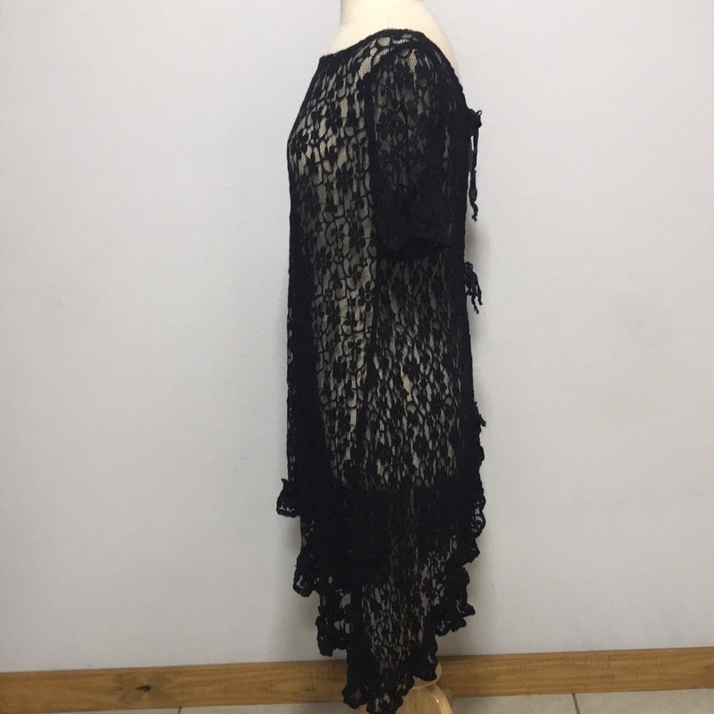 LAST CALL Black lace stretch high low ribbon tunic dress LG layering NFR boho - Picture 5 of 11